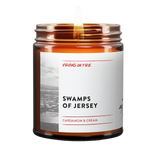 Cardamom and cream scented candle 'Swamps of Jersey' from gay-owned Brooklyn company featuring vintage New Jersey industrial landscape photo