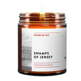 Cardamom and cream scented candle 'Swamps of Jersey' from gay-owned Brooklyn company featuring vintage New Jersey industrial landscape photo