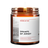 Swamps of Jersey is the name of a candle from Virgins On Fire Candle Co. It is Cardamom & Black Cream Scented, and for sale on this page for $15.