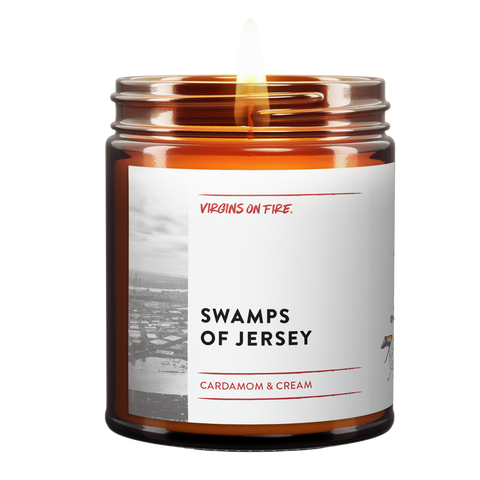 Cardamom and cream scented candle 'Swamps of Jersey' from gay-owned Brooklyn company featuring vintage New Jersey industrial landscape photo