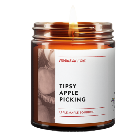 tipsy apple picking the apple maple whiskey scented candle from virgins on fire candle co. This candle is 100% soy wax and made with safe phthalate-free fragrances. Virgins On Fire hand makes wholesale candles and custom private label candles, too.