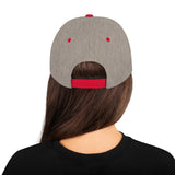 girl wearing the snapback hat. Virgins On Fire Candle Co. Snapback Hat. Red brim. Red font. embroidered. 