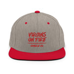 Virgins On Fire Candle Co. Snapback Hat. Red brim. Red font. embroidered. 
