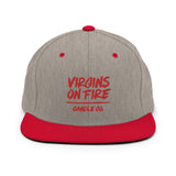 Virgins On Fire Candle Co. Snapback Hat. Red brim. Red font. embroidered. 