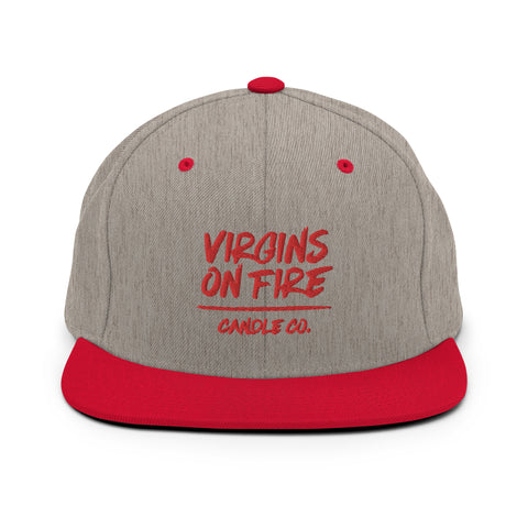 Virgins On Fire Candle Co. Snapback Hat. Red brim. Red font. embroidered. 
