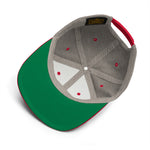 Virgins On Fire Candle Co. Snapback Hat. Red brim. Red font. embroidered.  inside of the hat. green bottom of rim.